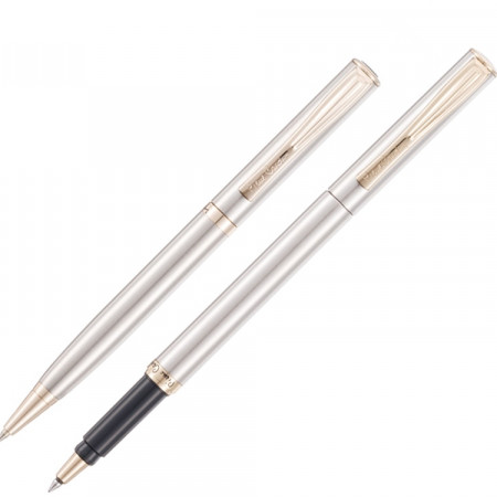 Набор Pierre Cardin коллекция ПАРА (PEN&PEN) : ручка шариковая + роллер, корпус - латунь. Отделка - стальное матовое покрытие. Детали дизайна - позолота. Цвет - стальной.